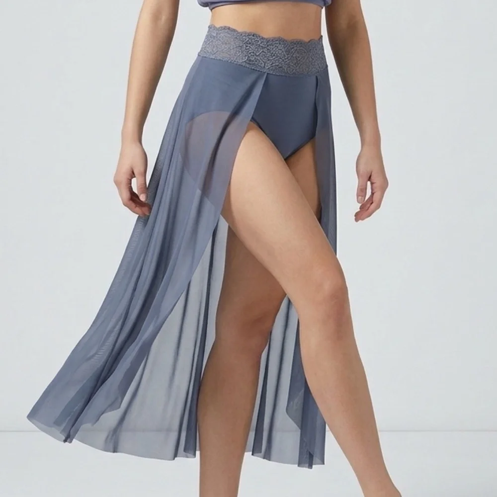 Balera Slate Blue Mesh Cowl Neck Crop Top and Lace Waistband Skirt CS